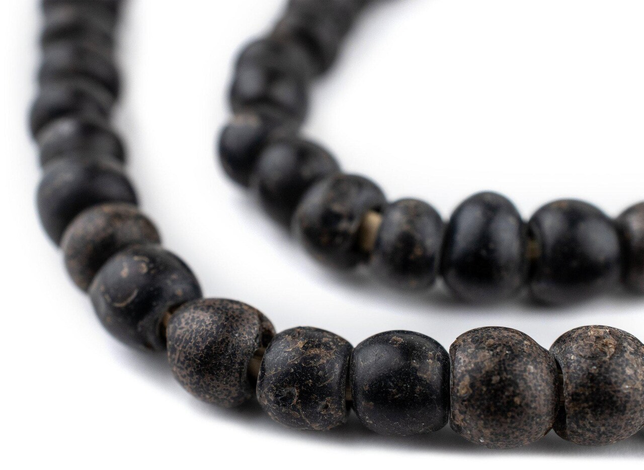 The Bead Chest Old Black Padre Beads 8mm Nigeria African Round Glass Large Hole 26 Inch Strand Handmade